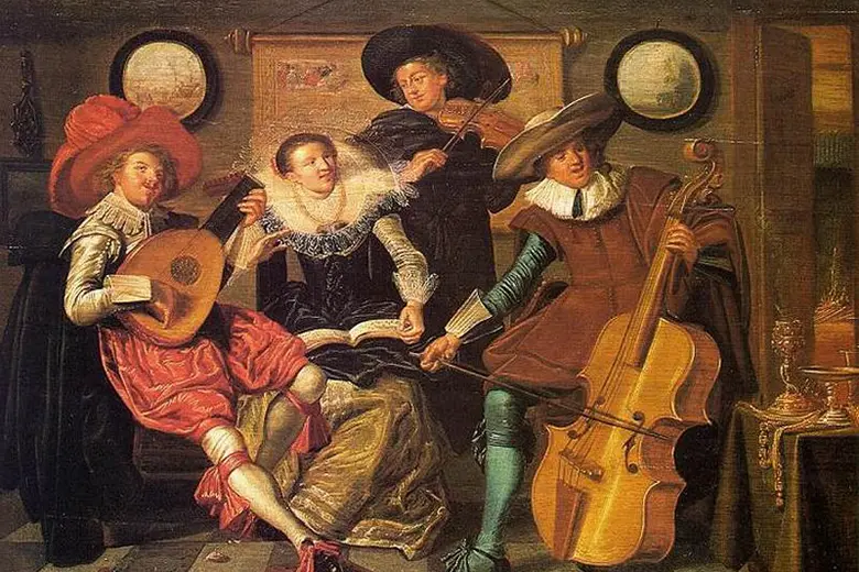 Ilustración que muestra a músicos del periodo barroco