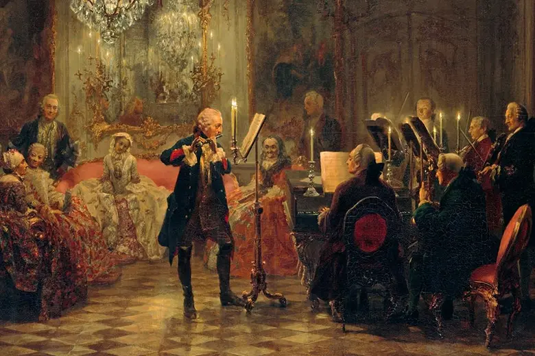 Ilustración de un orquesta durante el periodo de música del clasicismo