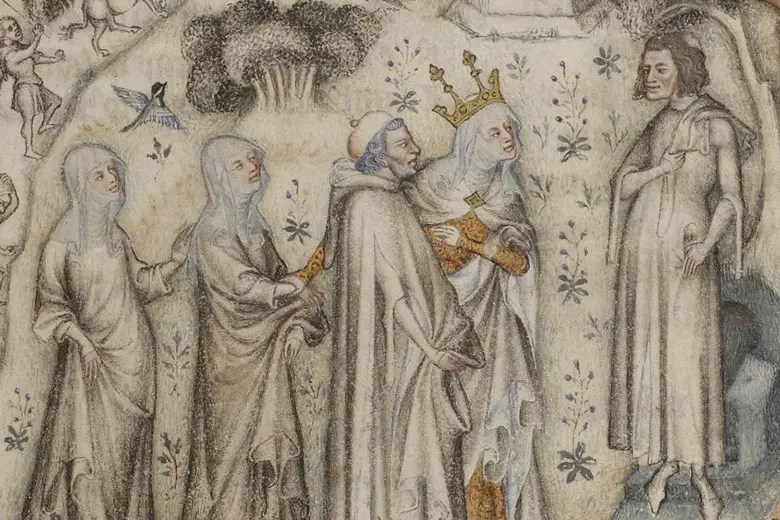 Guillaume de Machaut (derecha) recibiendo a la naturaleza y tres de sus hijos. De un manuscrito parisino iluminado de los 1350.