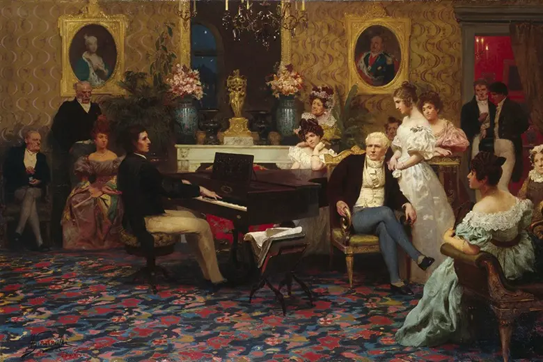 Ilustración que muestra a Chopin tocando frente a un grupo de personas