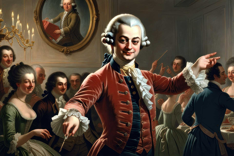 Es una ilustración de Wolfgang Amadeus Mozart actuando en frente de varias personas.