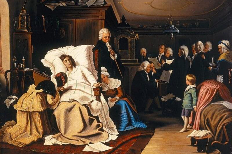 Es una ilustración de Wolfgang Amadeus Mozart en su lecho de muerte rodeado de varias personas.
