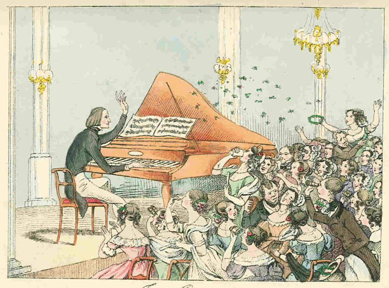 Es una ilustración de Franz Liszt tocando un recital de piano frente a un público mayormente femenino eufórico.