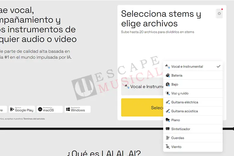 Es una pantalla que muestra la opción de cargar un archivo en lalal.ai.